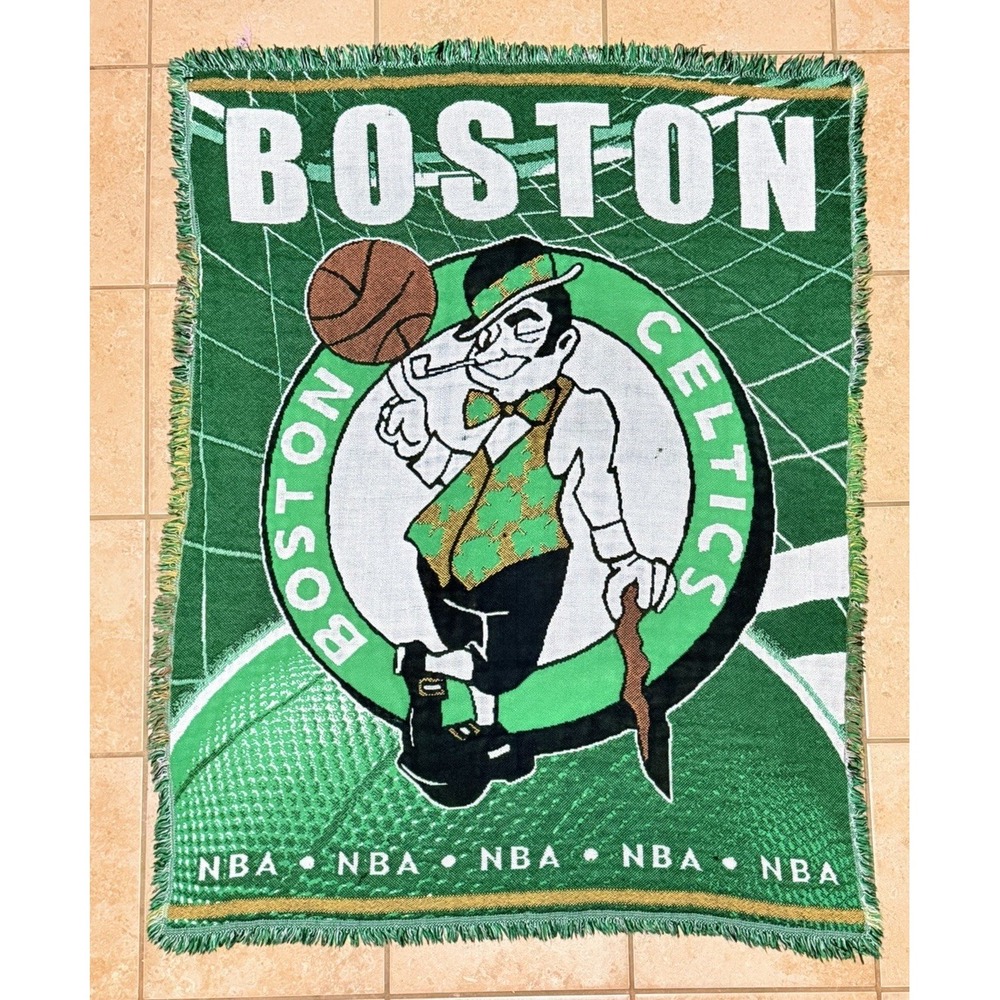Vintage Boston Celtics NBA Woven Throw‎ Blanket Afghan 50x38 Shamrock Logo